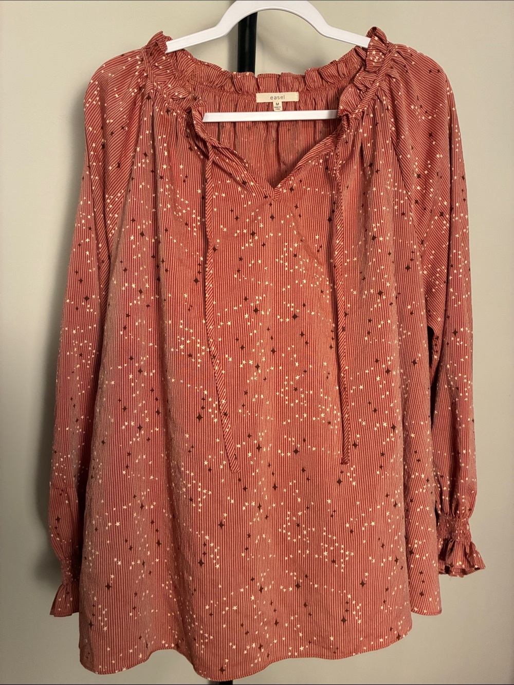 easel Stars & Stripes USA Ruffle-Neck Long Sleeve Blouse Oversized Medium